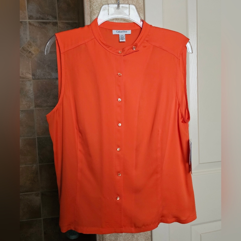 NWT Calvin Klein Vibrant Orange Button-Up Blouse Size 12